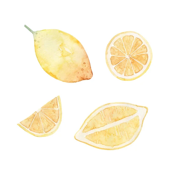 Watercolor Set Yellow Lemon Isolated White Background Pieces Slices Citrus — Stock Photo, Image