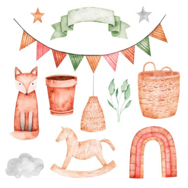 Suluboya bebek boho seti, el çizimi yeni doğanlar, doğum günü. Beyaz arka planda izole edilmiş. Gökkuşağı, tilki, çocuk oyuncakları.