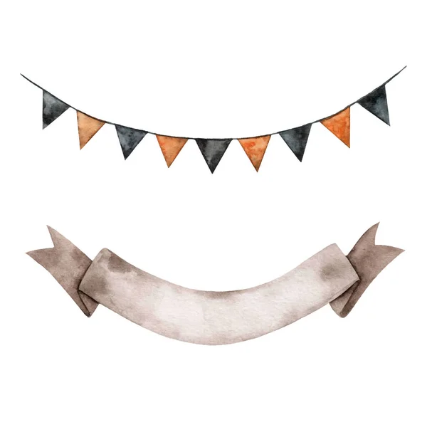 Aquarellband Für Text Und Schwarz Orangefarbene Girlanden Für Halloween Festliche lizenzfreie Stockfotos