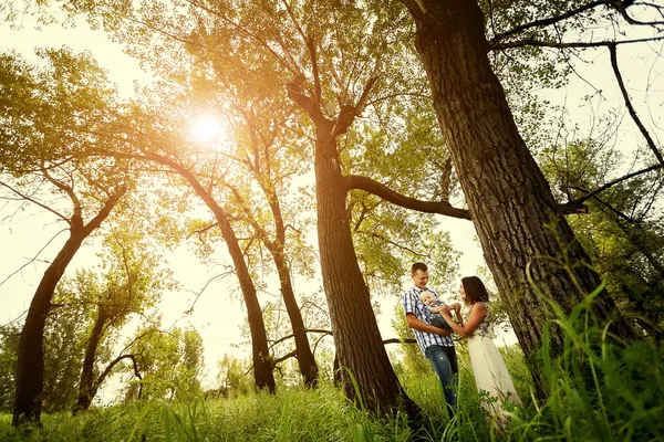 güneşli bir yaz ormandaki mutlu aile