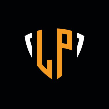 LP logosu siyah arkaplanda izole edilmiş beyaz turuncu şekilli şablon.