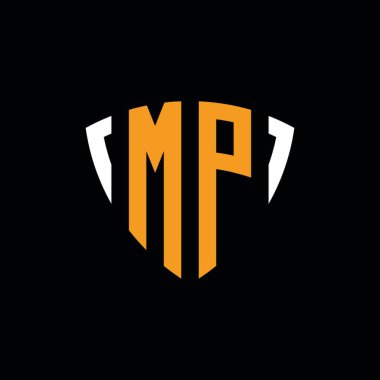 Siyah arkaplanda izole edilmiş beyaz turuncu desenli MP logosu