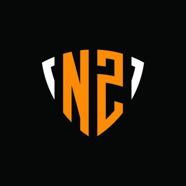 Siyah arkaplanda izole edilmiş beyaz turuncu şekil şablonlu NZ logosu