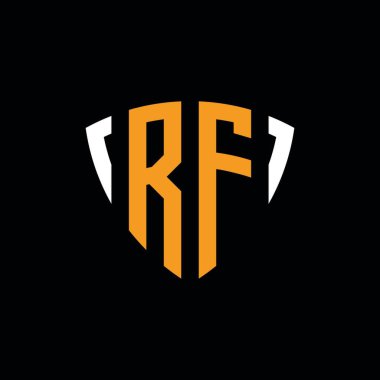 RF logosu, siyah arkaplanda izole edilmiş beyaz turuncu şekilli şablon.