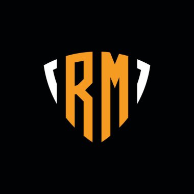 RM logosu, siyah arkaplanda izole edilmiş beyaz turuncu şekilli şablon.