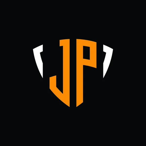 黒の背景に隔離されたシールドホワイトオレンジ形状デザインテンプレートとJpのロゴ — ストックベクタ