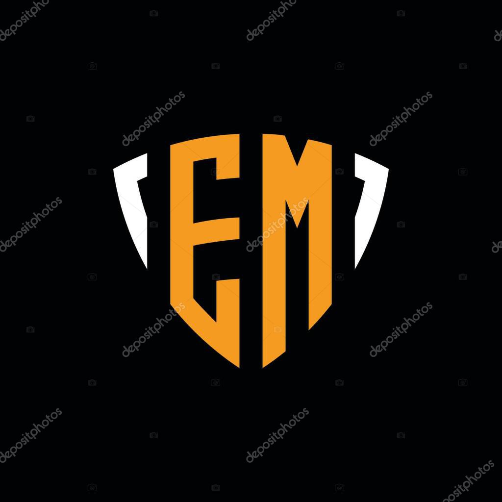 EM logo with shield white orange shape design template isolated on black background