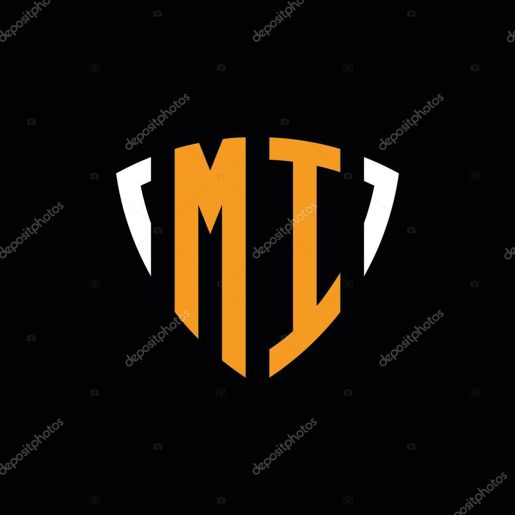 MI logo with shield white orange shape design template isolated on black background