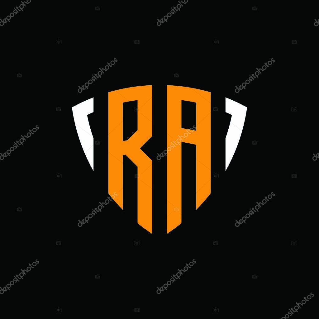 RA logo with shield white orange shape design template isolated on black background