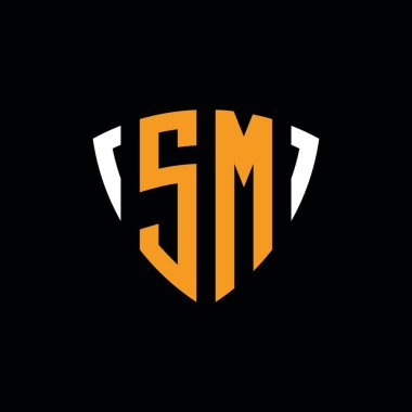 SM logo with shield white orange shape design template isolated on black background clipart