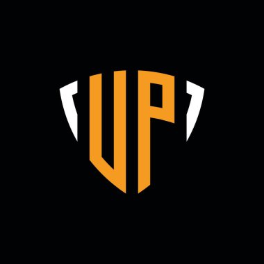 UP logosu siyah arkaplanda izole edilmiş beyaz turuncu şekilli şablon.