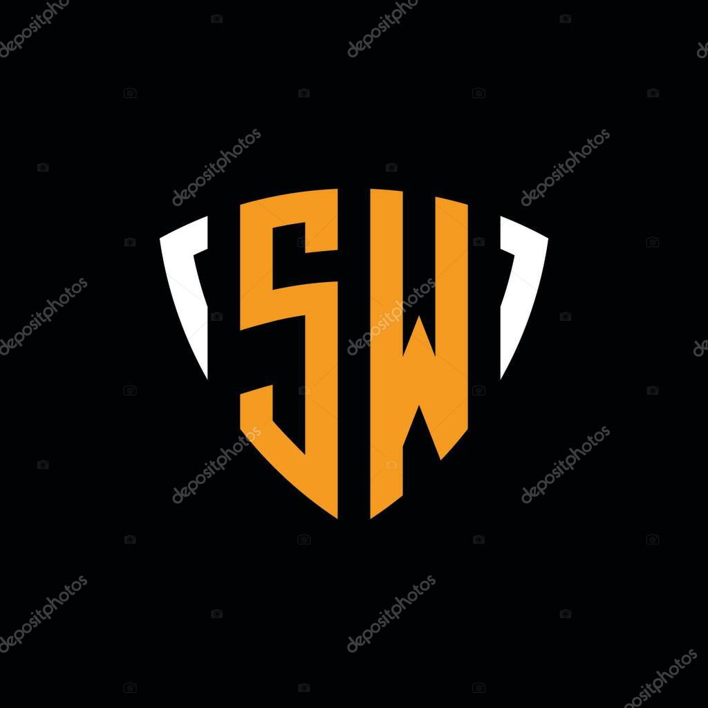 SW logo with shield white orange shape design template isolated on black background