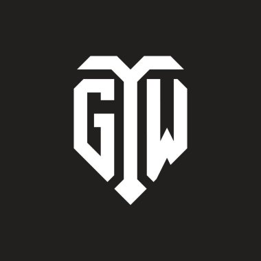 İzole edilmiş aşk şekilli GW logosu siyah beyaz renk şablon tasarım vektörü, kalp şekli monogramı