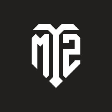 İzole edilmiş aşk şekli siyah-beyaz renk şablon tasarım vektörü, kalp şekli monogramı olan MZ logosu