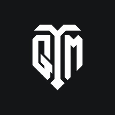 İzole edilmiş aşk şekilli QM logosu siyah-beyaz renk şablon tasarım vektörü, kalp şekli monogramı