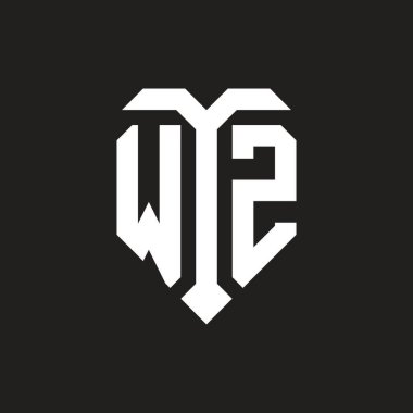 İzole edilmiş aşk şekilli WZ logosu siyah-beyaz renk şablon tasarım vektörü, kalp şekli monogramı