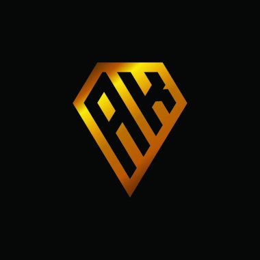 Altın elmas şekilli AK logosu, siyah arkaplanda izole edilmiş geometrik altın şekil.