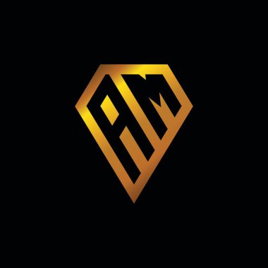 AM logosu altın elmas şekilli vektör, siyah arkaplanda izole edilmiş geometrik altın şekil