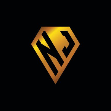 Altın elmas şekilli NJ logosu, siyah arkaplanda izole edilmiş geometrik altın şekil şekli