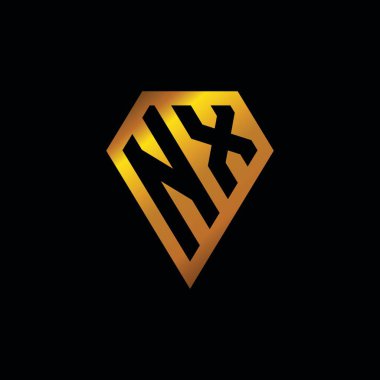 Altın elmas biçimli NX logosu, siyah arkaplanda izole edilmiş geometrik altın şekil şekli