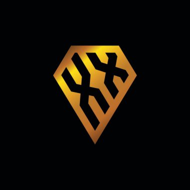 Altın elmas şekil vektörü olan XX logosu, siyah arkaplanda izole edilmiş geometrik altın şekil şekli
