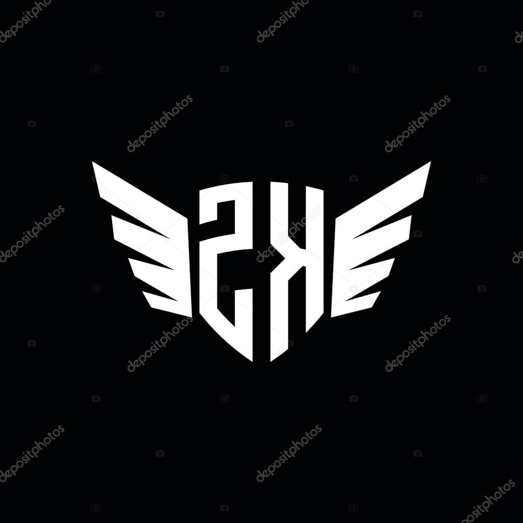 ZK Monogram Logo geometric initial with wing shape style design template. Wing initial logo design isolated in black background