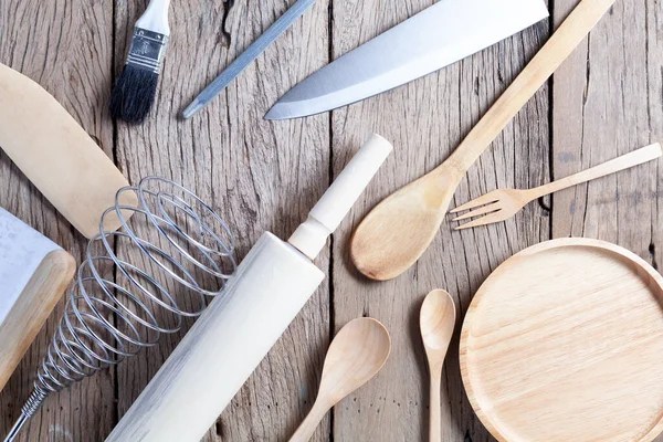 Conjunto Cuchara Madera Tenedor Cuchillo Sobre Fondo Mesa Madera Vieja — Foto de Stock