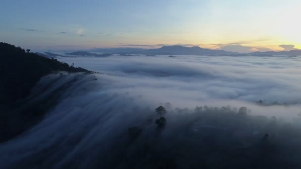 高空风景迷人的自然景观无人机摄像镜头高角形的雾带着美丽的日出流经高山在高开海岛的观点张恩加泰国 — 图库视频影像