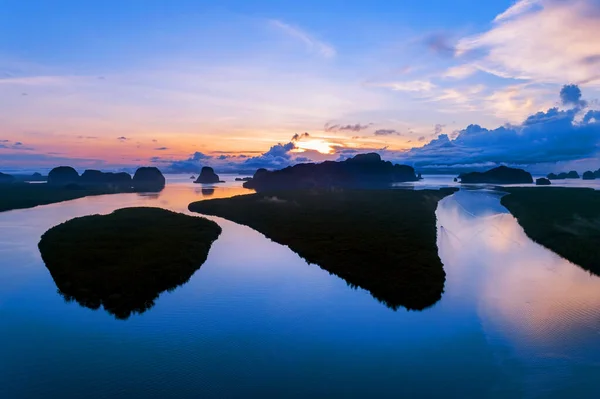 Amazing Landscape light nature scenery view, Beautiful light sunrise or sunset over Tropical sea and mountains peak in thailand Aerial view Drone camera shot High angle view