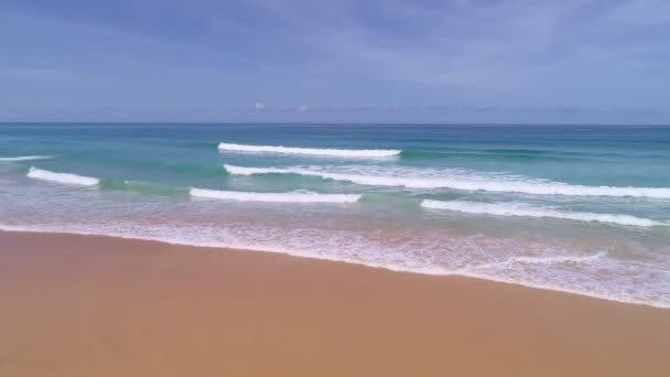 Drone Camera Flying Sea Sandy Waves Break Beach Aerial View — Stockvideo