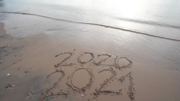 Sea Wave Wipe Away 2021 Tekst Białym Piasku Tropikalna Plaża — Wideo stockowe