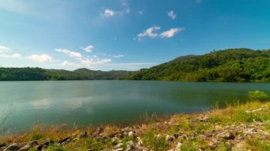 Beyaz bulutların zamanı güzel bir yaz gününde göl üzerinde mavi gökyüzü doğa video arka plan konsepti