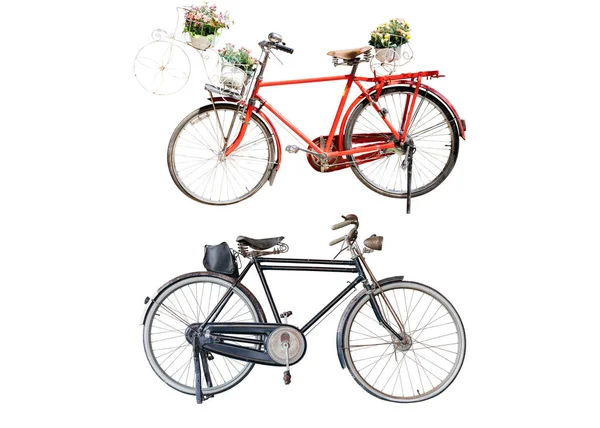 Παλιά Ρετρό Κόκκινο Ποδήλατο Λουλούδια Μπουκέτο Στο Καλάθι Και Ποδήλατο — Φωτογραφία Αρχείου