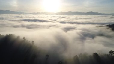 Yoğun sisli beyaz bulutlar dağ üzerinden ya da gün batımından gökyüzüne doğru akar sisli hava manzaralı hava manzarası. İnsansız hava aracı, altın güneş yazında gün doğumunda kabarık bulutların üzerinden uçar. Doğanın arka plan kavramı.