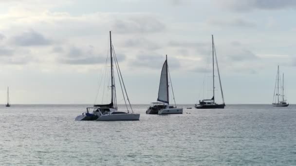 帆船或游船在美丽的大海中在夕阳西下的天空令人惊奇的夏季假日背景和旅游目的地或网站 — 图库视频影像