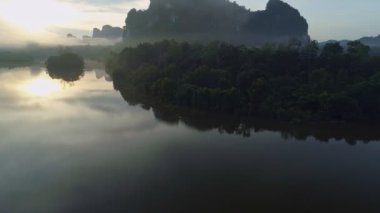 Sabah sisli sisli havada güzel okyanusun insansız hava aracı görüntüsü. Gün doğumu dronu denizin ve mangrov ormanlarının üzerinde uçuyor. Yüksek açı, Dinamik hava görüntüsü.