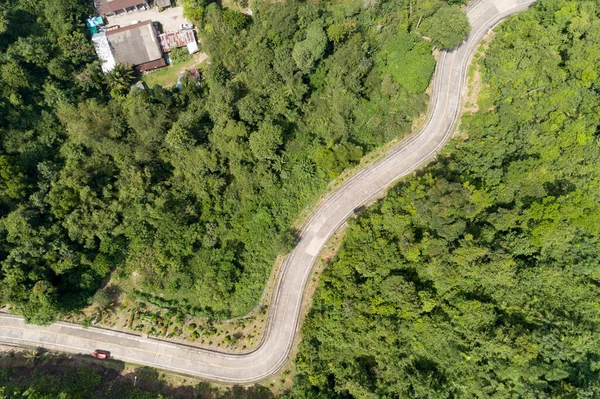 Letecký Pohled Křivka Road Forest Green Summer Trees Drone Camera — Stock fotografie