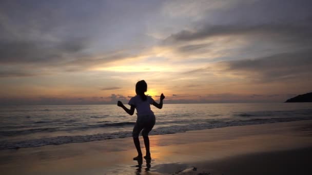 Sylwetka Młodej Dziewczyny Skaczącej Plaży Podnoszącej Ręce Plaży Zachodzie Słońca — Wideo stockowe