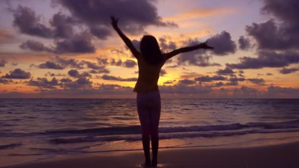 Silhouette Jeune Fille Lever Les Mains Sur Plage Coucher Soleil — Video