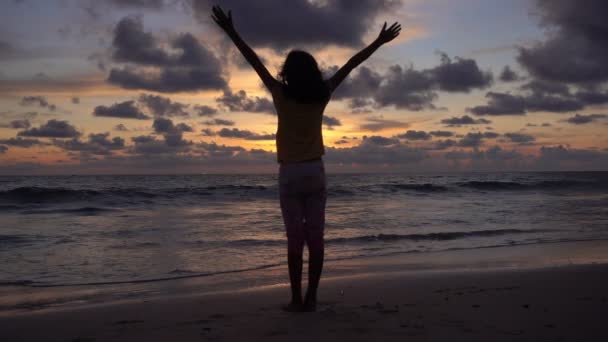 若い女の子のシルエットは日没時にビーチで手を上げます黄金の太陽の下で素晴らしい光の夕日や日の出の空女の子シルエットはゆっくりと動きで海の波を見て海岸線に立って — ストック動画