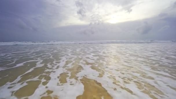 นทะเลอ นดาม นกล งไปในแสงแดดท ชายหาดทราย ทะเลธรรมชาต สวยงามของภ ดฉากของทะเลน าฟองส ขาวในภ — วีดีโอสต็อก