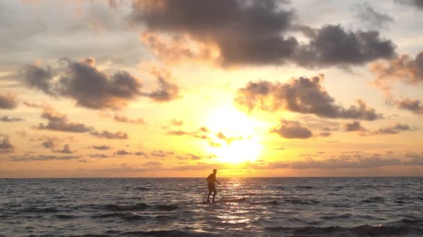 Σιλουέτα Άνθρωπος Κανό Στη Θάλασσα Στο Ηλιοβασίλεμα Την Ανατολή Του — Αρχείο Βίντεο