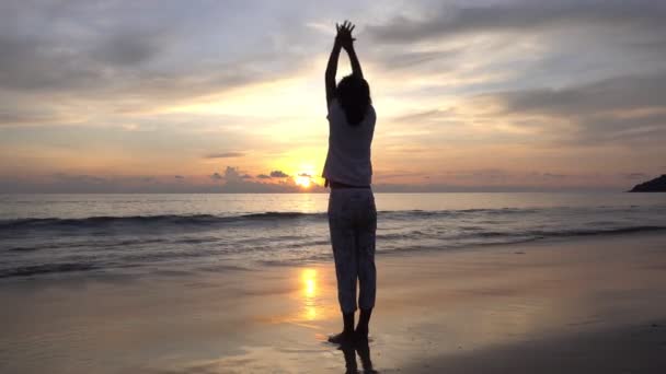 소녀의 실루엣은 바닷가에서 황금빛으로 광경을 연출하며 아름다운 광경을 — 비디오
