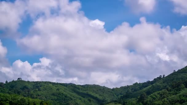 山の緑の森の自然景観の上に白い雲と太陽を移動の美しい曇りのビデオタイムラプス — ストック動画