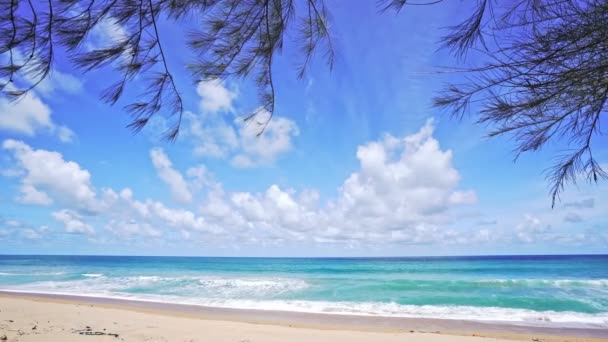 夏日沙滩迷人的大海清澈的蓝天白云海浪在泰国普吉沙滩空旷的海滩上冲撞 空旷的海滩概念旅行和季节旅游网站背景 — 图库视频影像