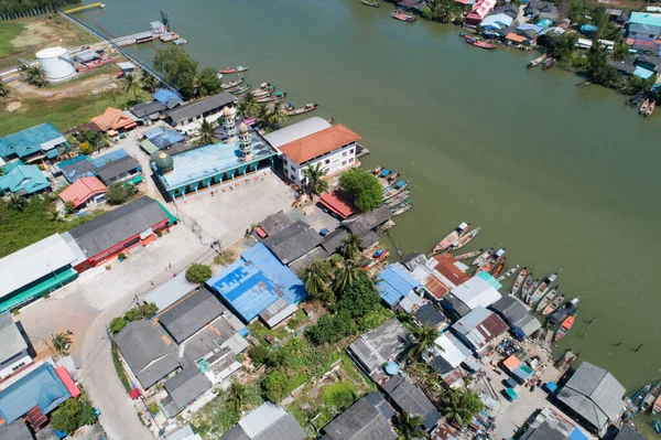 Vista Aérea Arriba Hacia Abajo Grupo Barcos Pesca Barcos Pueblo — Foto de Stock