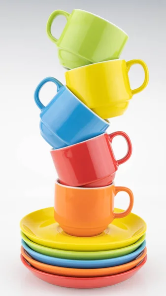 Bunte Kaffeetasse Auf Buntem Papierhintergrund Viele Tassen Für Kaffee Und — Stockfoto