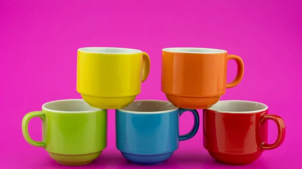 Kleurrijke Koffiekop Kleurrijke Papieren Achtergrond Veel Kopjes Voor Koffie Thee — Stockfoto