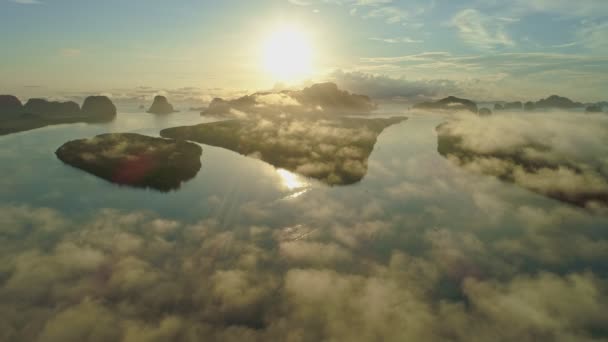 朝の霧霧の中で空に対して驚くべき霧の美しい海の空中ビュードローン日の出ドローンは海とマングローブの森を飛んでいます風景タイでの高角度ビュー — ストック動画