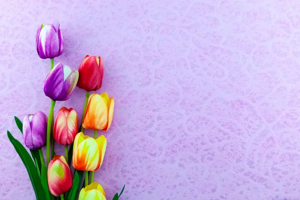 Bouquet Colorful Tulips Purple Paper Background Spring Flower Arrangement Background — Stock Photo, Image